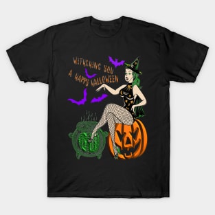 Witch woman spell pumpkin ghost bat Happy Halloween violet orange black green 3D tridimensional 321 T-Shirt